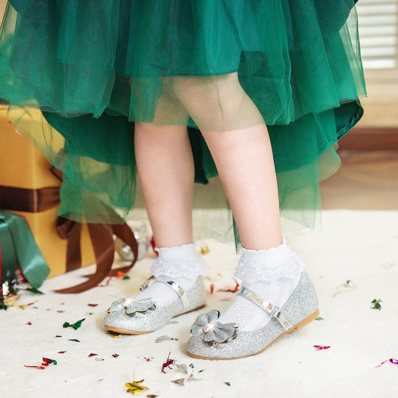 Furdeour Girls Flats Shoes Toddler Little Big Kid Wedding Party Silver with Low Heel Size 11(2501Silver 11) - Image 4